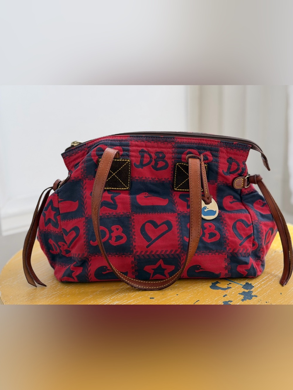 Dooney & Bourke Red and Navy Patterned Tote with Brown Leather Handles